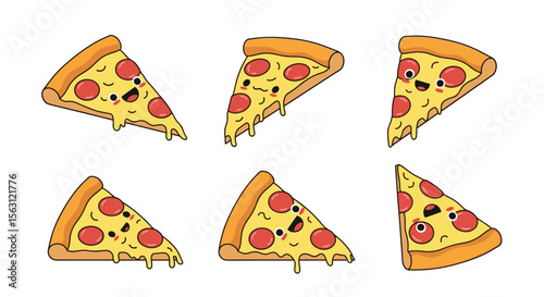 A collection of six adorable kawaii pepperoni pizza slices with happy faces and dripping cheese