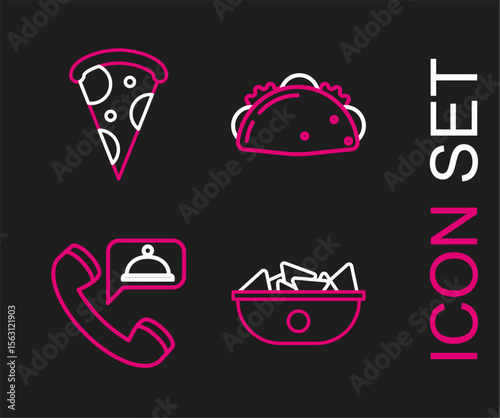 Set line Nachos in plate, Food ordering, Taco with tortilla and Slice of pizza icon. Vector