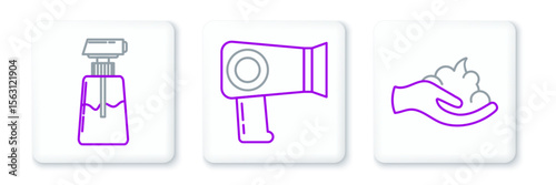 Set line Shaving gel foam on hand, Cream or lotion cosmetic tube and Hair dryer icon. Vector