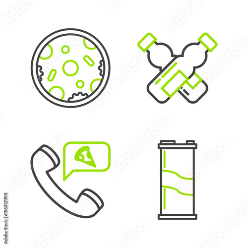 Set line Soda can, Food ordering pizza, Crossed bottle of water and Pizza icon. Vector