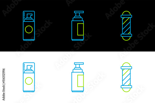 Set line Classic Barber shop pole, Shaving gel foam and Cream or lotion cosmetic tube icon. Vector