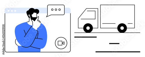 Man thinking during online video conferencing call, chat bubble overhead, beside a delivery truck. Ideal for logistics, communication, decision-making, planning, brainstorming, shipping simple