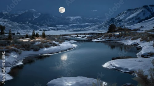 Snowy mountain lake at night with full moon