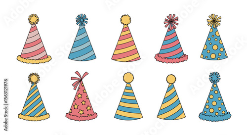 Collection of festive conical party hats with colorful patterns and decorative toppers for celebrations and fun events
