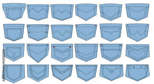 Collection of different denim jean back pocket designs and stitching variations for apparel manufacturing and fashion design concepts