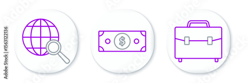 Set line Briefcase, Magnifying glass with globe and Stacks paper money cash icon. Vector