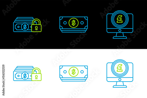 Set line Computer monitor with pound sterling symbol, Money lock and Stacks paper money cash icon. Vector