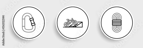 Set line Climber rope, Carabiner and Bicycle on street ramp icon. Vector
