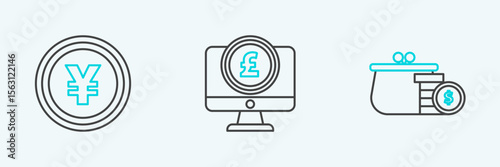 Set line Wallet with coins, Coin money Yen symbol and Computer monitor pound sterling icon. Vector