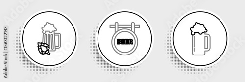 Set line Glass of beer, and hop and Street signboard with inscription Beer icon. Vector