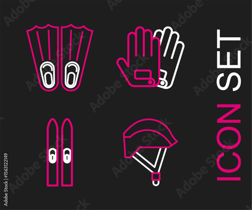 Set line Bicycle helmet, Ski and sticks, Gloves and Rubber flippers for swimming icon. Vector