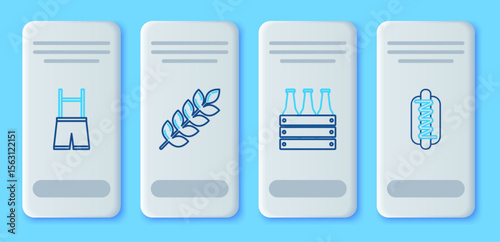 Set line Cereals set with rice, wheat, corn, oats, rye, barley, Pack of beer bottles, Lederhosen and Hotdog sandwich mustard icon. Vector