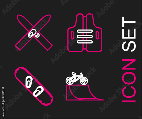 Set line Bicycle on street ramp, Snowboard, Life jacket and Ski and sticks icon. Vector