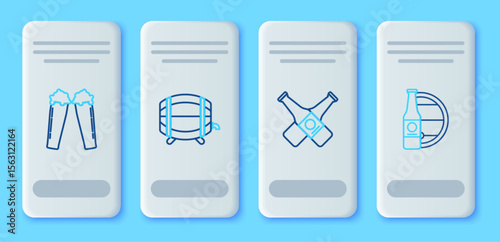 Set line Wooden barrel on rack with stopcock, Crossed beer bottle, Glass of and Beer and wooden icon. Vector