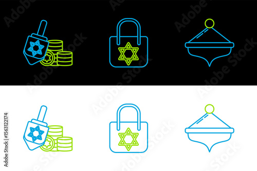 Set line Hanukkah dreidel, and coin and Shopping bag with star of david icon. Vector