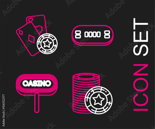 Set line Casino chips, signboard, Poker table and and playing cards icon. Vector
