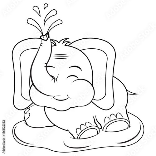 Cartoon elephant bathing. Coloring page for kids.