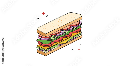 A deliciously stacked submarine sandwich filled with fresh ingredients served on a long bun