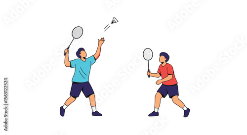 Two people playing badminton with rackets and a shuttlecock in a sporty match competition