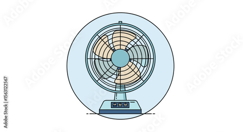 Retro desk fan with oscillating blades providing cool airflow in a circular light blue background