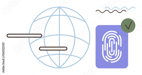 Globe with horizontal bars, fingerprint pad with checkmark, and abstract lines illustrating online security. Ideal for technology, cybersecurity, global connectivity, data privacy, authentication