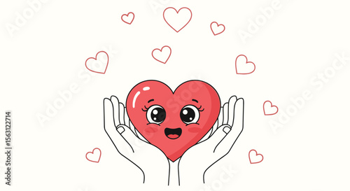 A cute kawaii heart held gently in caring hands surrounded by floating hearts a symbol of love and affection