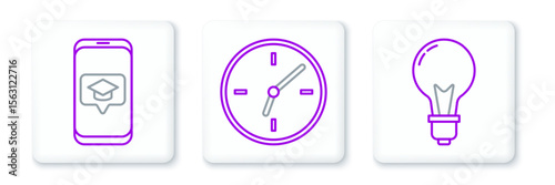 Set line Light bulb with concept of idea, Graduation cap screen smartphone and Clock icon. Vector