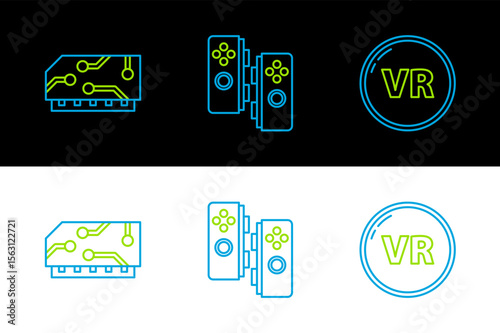 Set line Virtual reality, RAM, random access memory and Gamepad icon. Vector
