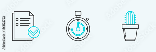 Set line Cactus and succulent in pot, Document check mark and Briefcase icon. Vector