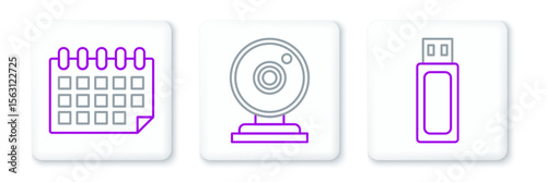 Set line USB flash drive, Calendar and Web camera icon. Vector