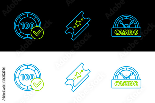 Set line Casino signboard, chips and Lottery ticket icon. Vector