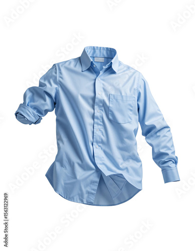 Blue cotton shirt gracefully unfurled and floating in mid-air,white background