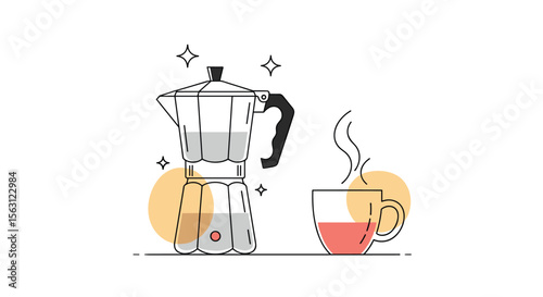 Enjoying a warm cup of freshly brewed coffee from a classic moka pot on a bright morning