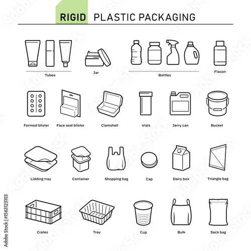 Rigid plastic packaging icon set. Vector elements are made with high contrast, well suited to different scales. Ready for use in your design. EPS10.