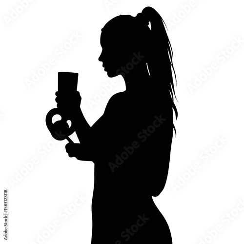 Silhouette of girl holding beer and pretzel, festive celebration