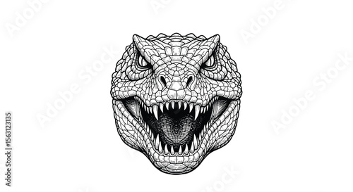 Fierce tyrannosaurus rex head illustration showing sharp teeth and intense gaze with detailed scales and textural elements perfect for mesozoic era enthusiasts