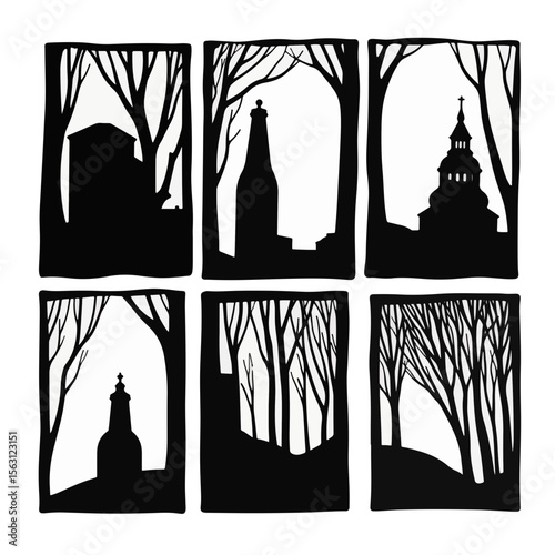 Vintage silhouette of buildings among trees, black and white artistry
