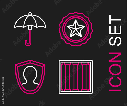 Set line Prison window, User protection, Police badge and Umbrella icon. Vector