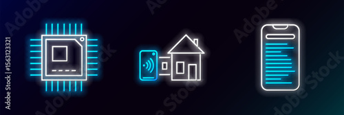 Set line Computer api interface, Processor with microcircuits CPU and Smart home icon. Glowing neon. Vector