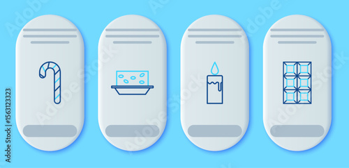 Set line Nougat with nuts, Burning candle in candlestick, Christmas candy cane stripes and Chocolate bar icon. Vector