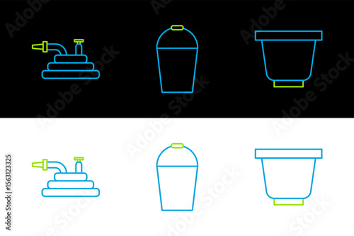 Set line Flower pot, Garden hose or fire hose and Bucket icon. Vector