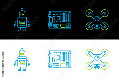 Set line Drone flying with action camera, Robot and Electronic computer components motherboard digital chip icon. Vector