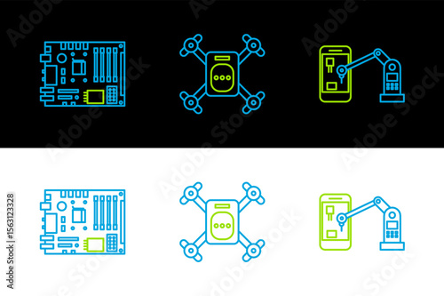 Set line Industrial machine robotic robot arm hand, Electronic computer components motherboard digital chip and Drone flying with action camera icon. Vector