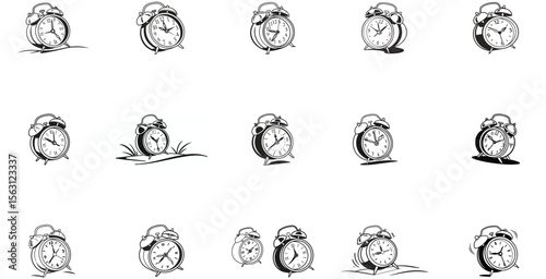 Collection of classic alarm clocks with bells and roman numerals in black and white
