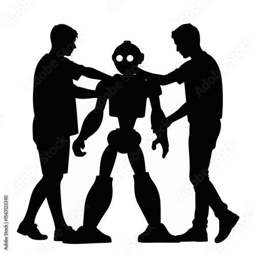 Teens collaborating to build a robot silhouette, teamwork concept