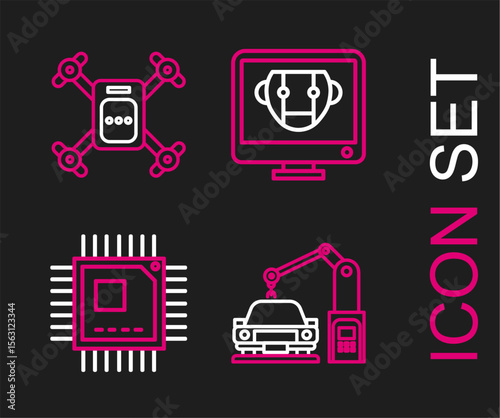 Set line Industrial machine robotic robot arm hand, Processor with microcircuits CPU, Bot and Drone flying action camera icon. Vector