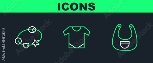 Set line Baby bib, Rattle baby toy and onesie icon. Vector