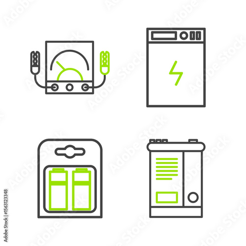 Set line Car battery, Battery in pack, Power bank and Ampere meter, multimeter, voltmeter icon. Vector