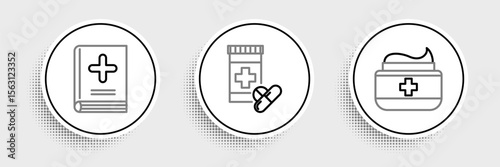 Set line Ointment cream tube medicine, Medical book and Medicine bottle and pills icon. Vector