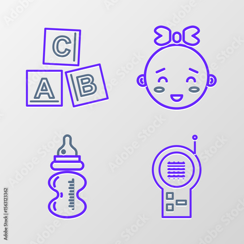 Set line Baby Monitor Walkie Talkie, bottle, Happy little girl head and ABC blocks icon. Vector